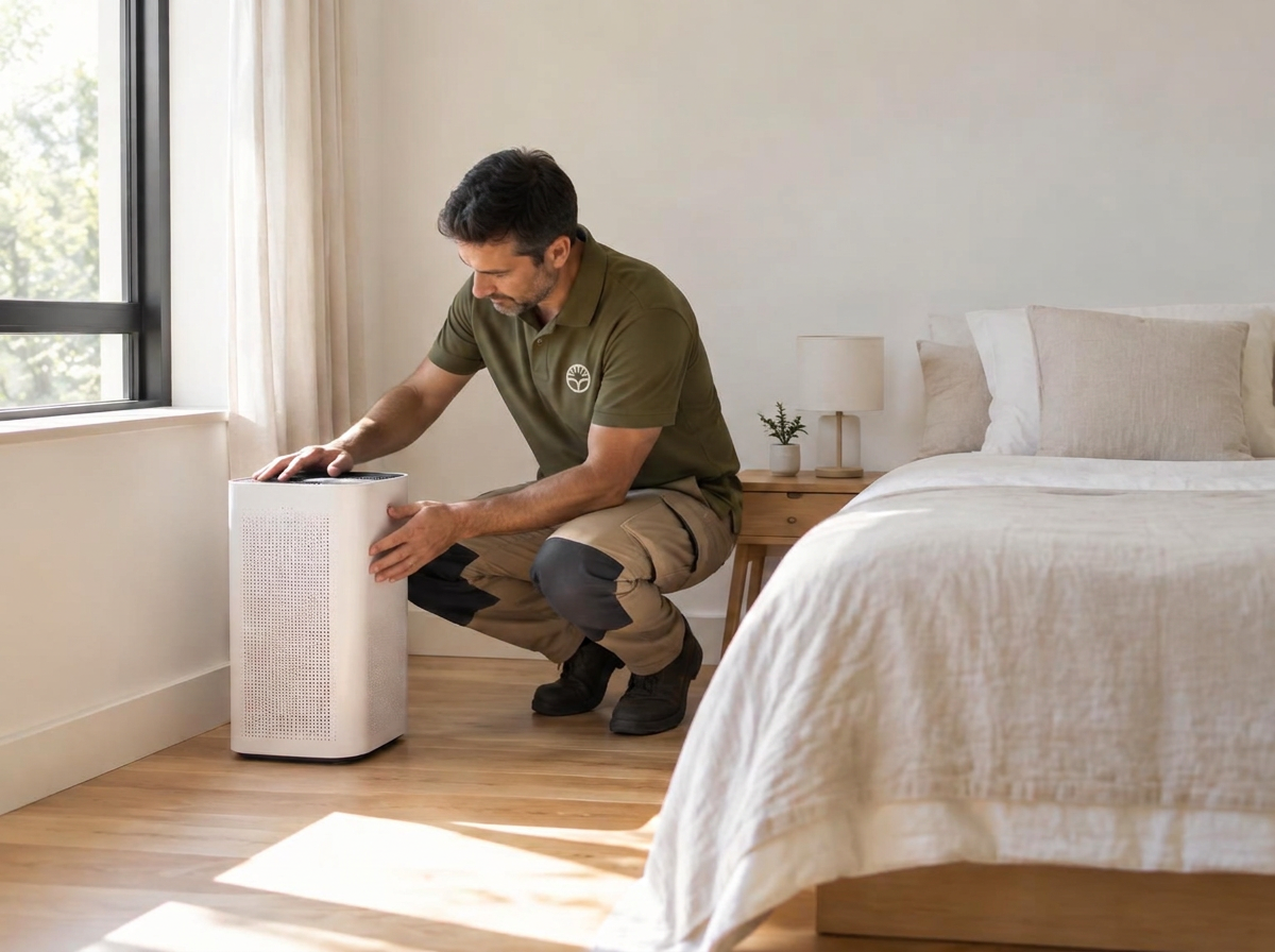 Técnico de Broto revisando un purificador en un dormitorio saludable